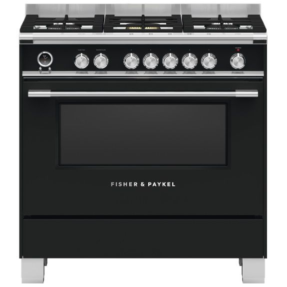 Fisher & Paykel 90cm 5 Burner Dual Fuel Freestanding Cooker - Black