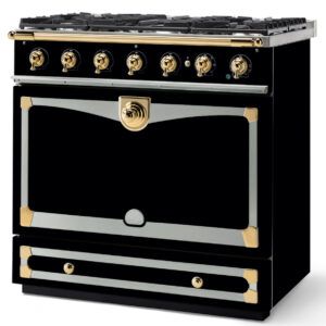LaCornue Albertine 90cm Dual Fuel Cooker - Shiny Black with Polished Brass & Stainless Steel Trim