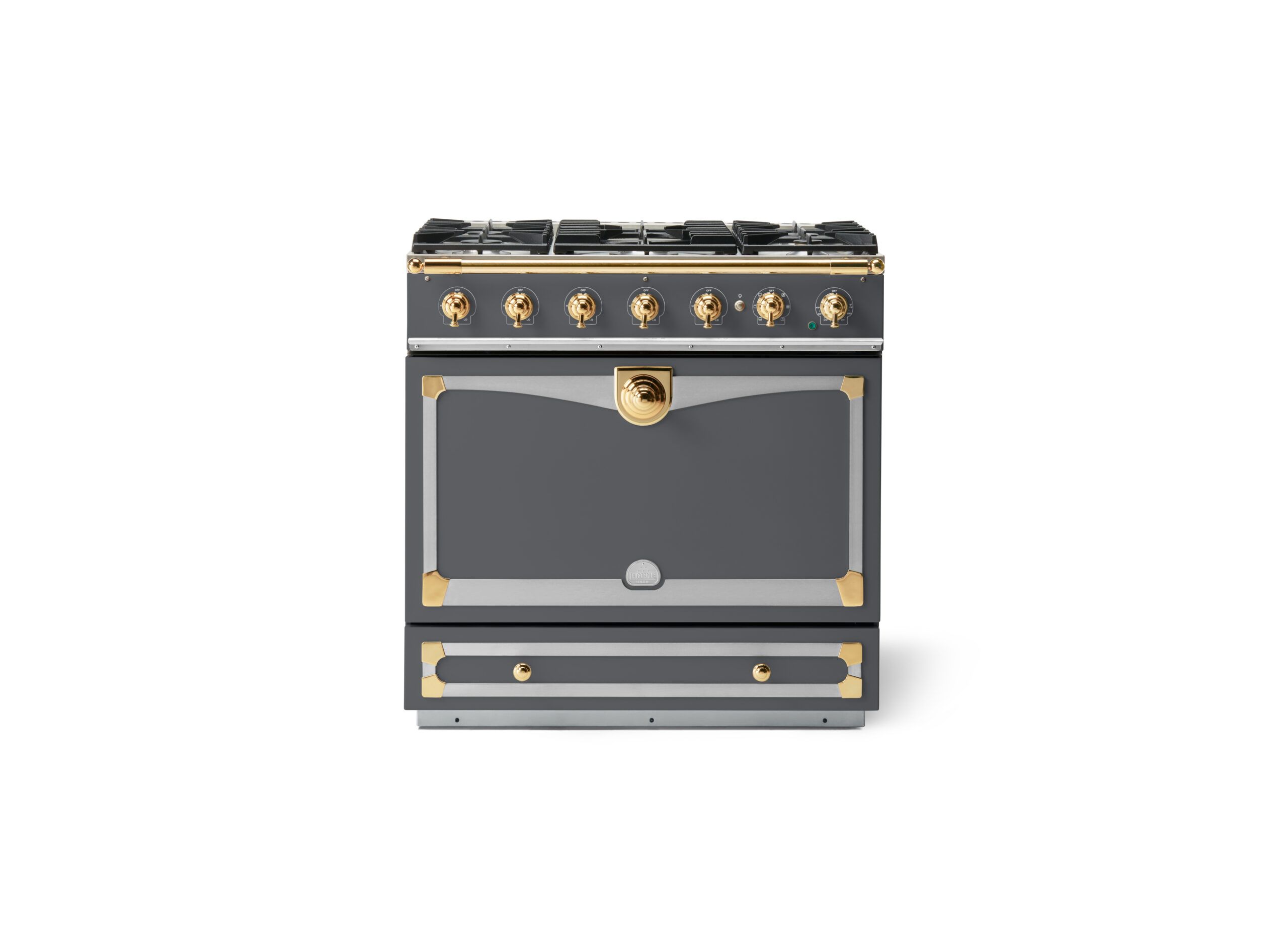 LaCornue Albertine 90cm Dual Fuel  Cooker - Graphite with Polished Brass & Stainless Steel Trim