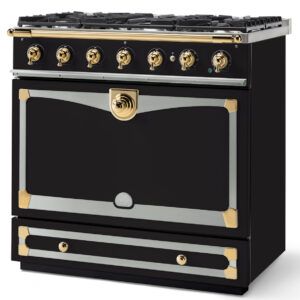 LaCornue Cornufé 90cm Albertine Dual Cooker - Matt Black with Polished Brass & Stainless Steel Trim