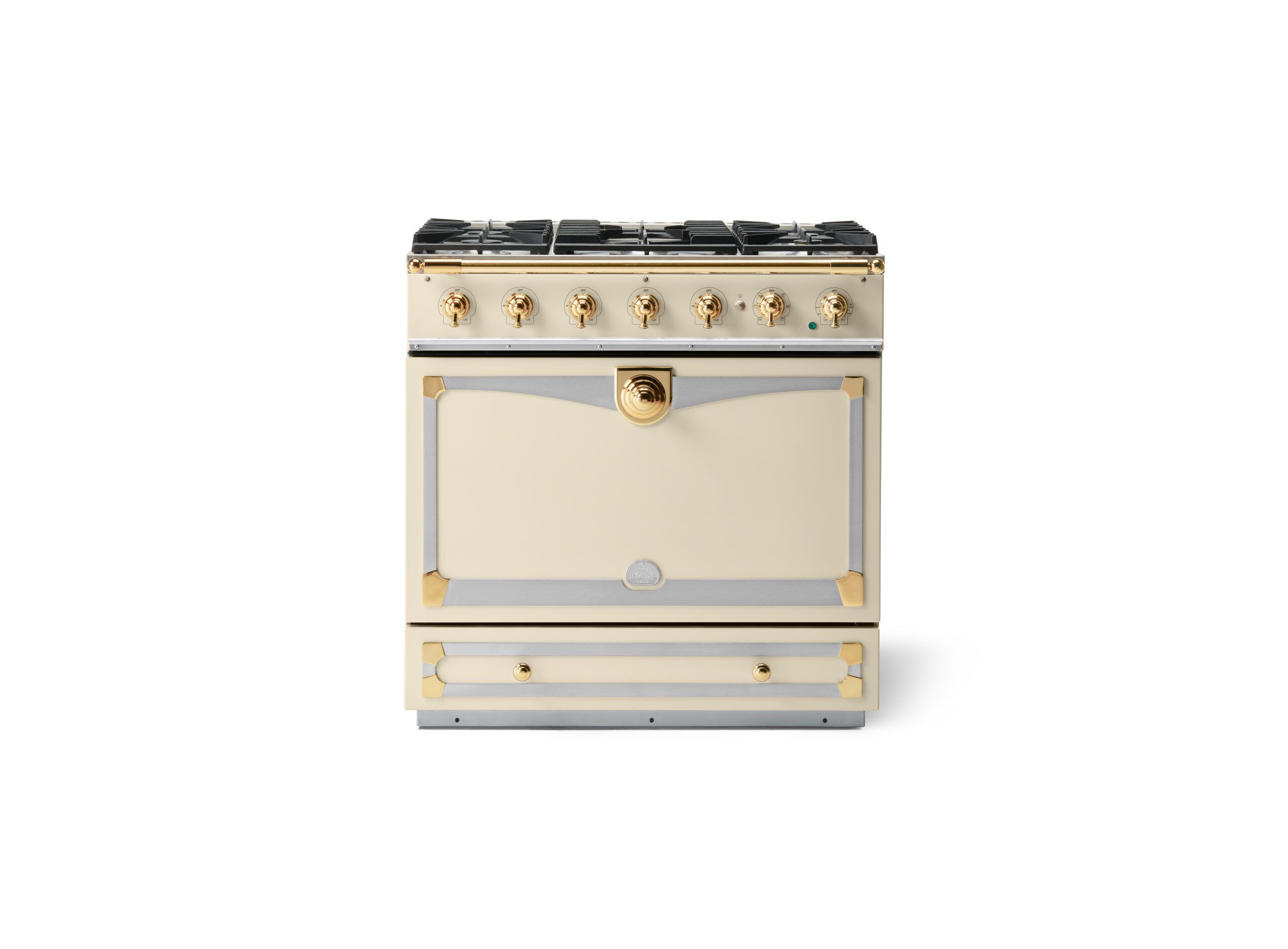LaCornue Albertine 90cm Dual Fuel  Cooker - Morning Dew with Polished Brass & Stainless Steel Trim
