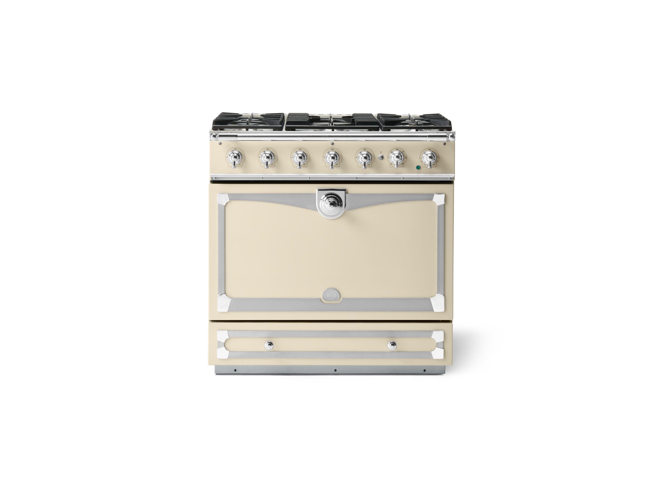 LaCornue Albertine 90cm Dual Fuel  Cooker - Morning Dew with Polished Chrome & Stainless Steel Trim