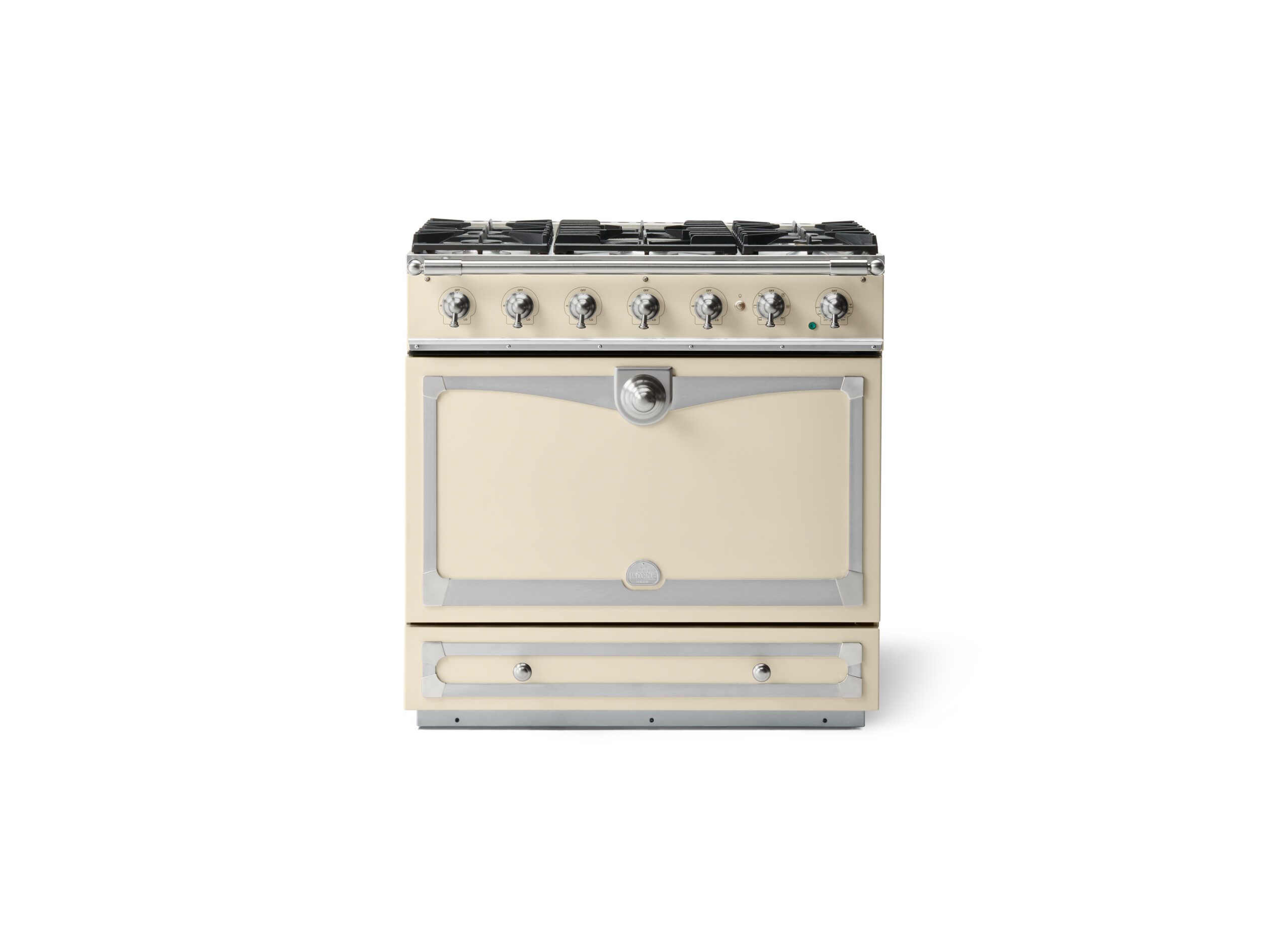 LaCornue Albertine 90cm Dual Fuel  Cooker - Morning Dew with Brushed Nickel & Stainless Steel Trim