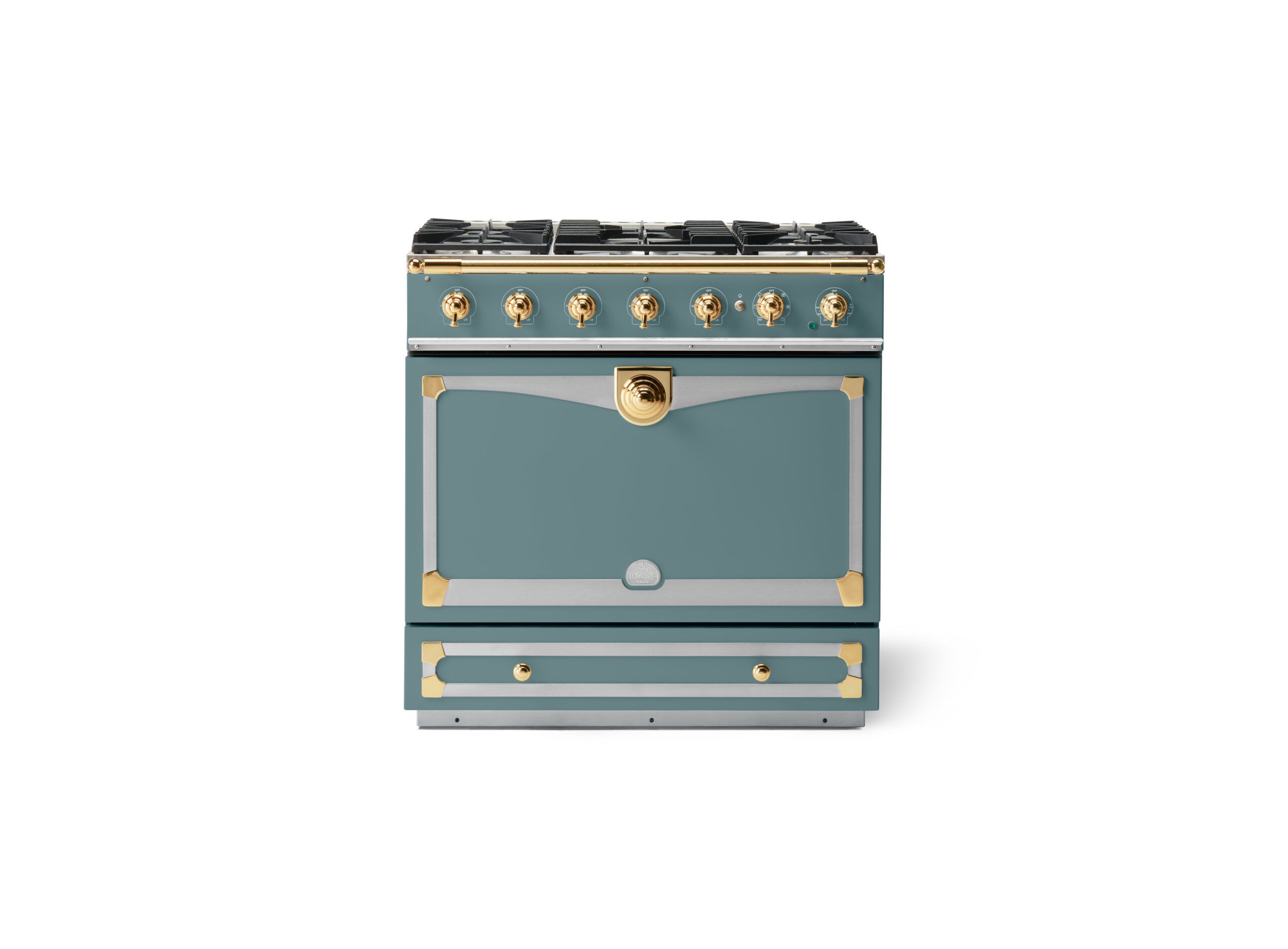LaCornue Albertine 90cm Dual Fuel  Cooker - Ocean with Polished Brass & Stainless Steel Trim