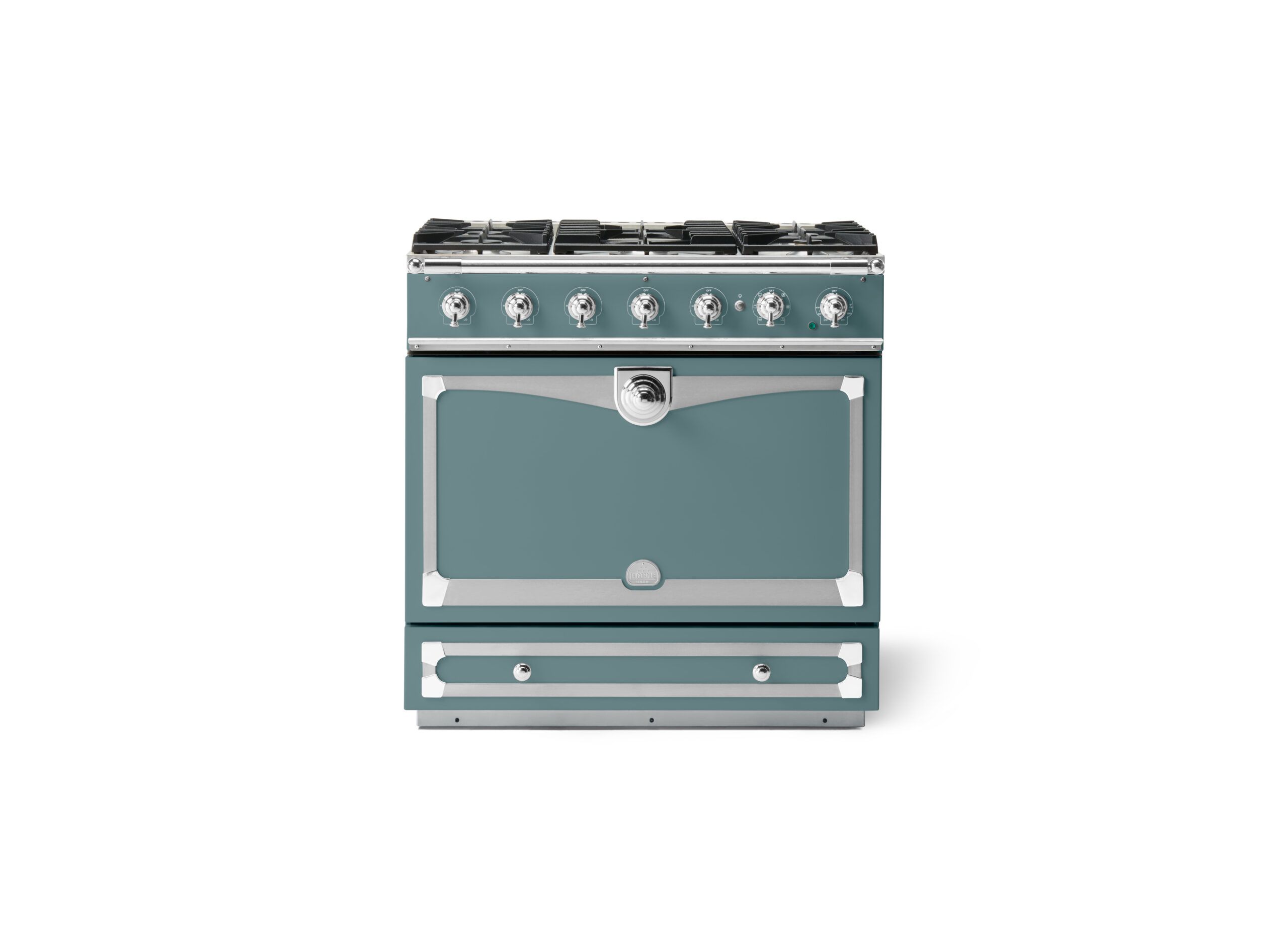 LaCornue Albertine 90cm Dual Fuel  Cooker - Ocean with Polished Chrome & Stainless Steel Trim