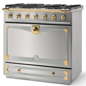 LaCornue Albertine 90cm Dual Fuel  Cooker - Brushed Stainless Steel with Polished Brass & Stainless Steel Trim
