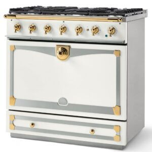 LaCornue Albertine 90cm Dual Fuel Cooker - Pure White with Polished Brass & Stainless Steel Trim