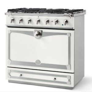 LaCornue Albertine 90cm Dual Fuel Cooker - Pure White with Brushed Nickel & Stainless Steel Trim