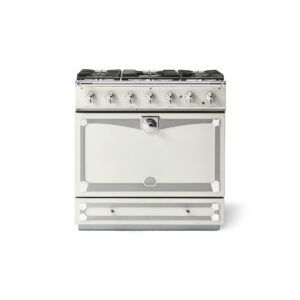 LaCornue Albertine 90cm Dual Fuel Cooker - Pure White with Polished Chrome & Stainless Steel Trim