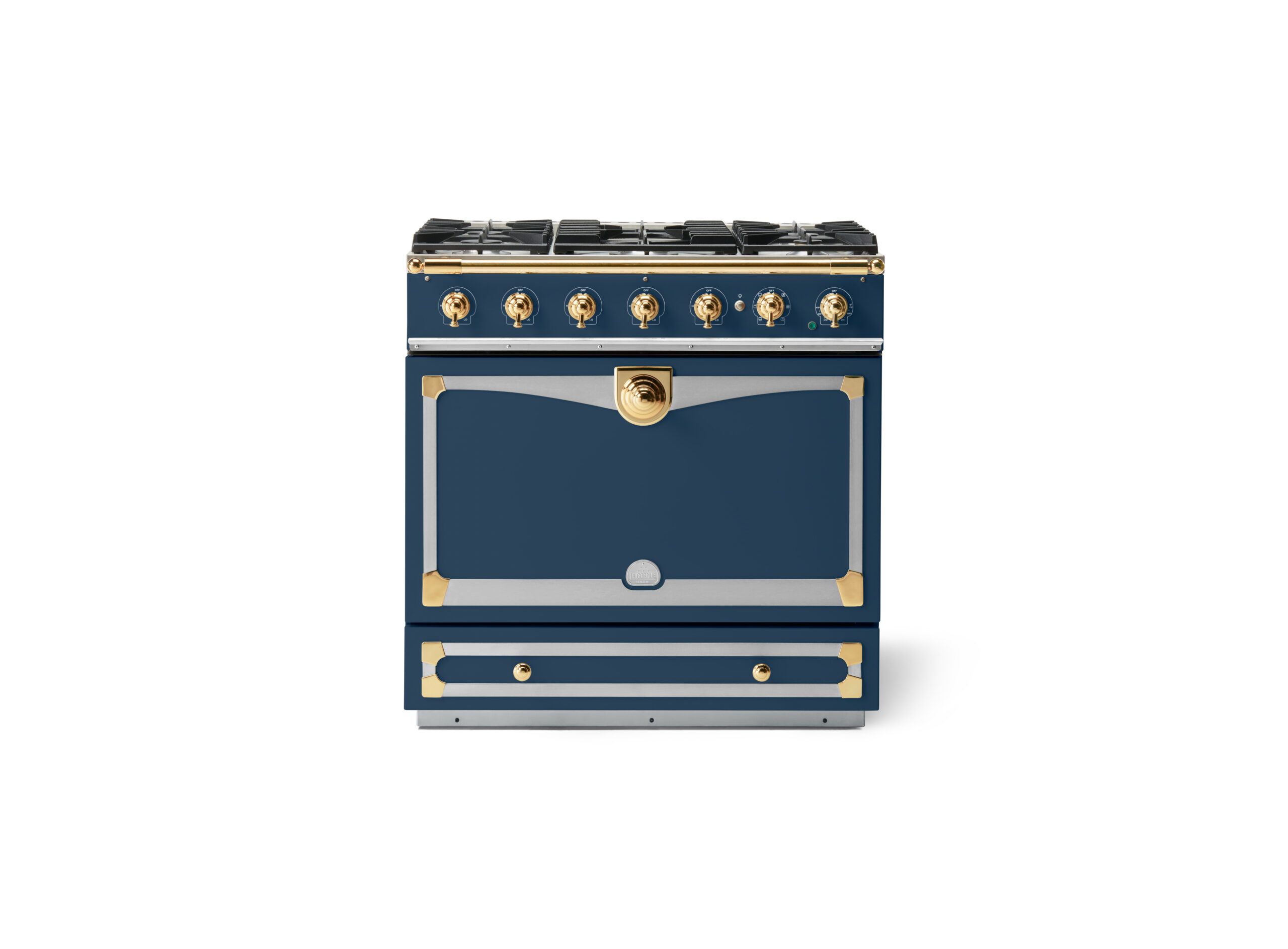 LaCornue Albertine 90cm Dual Fuel  Cooker - Winter Sky with Polished Brass & Stainless Steel Trim