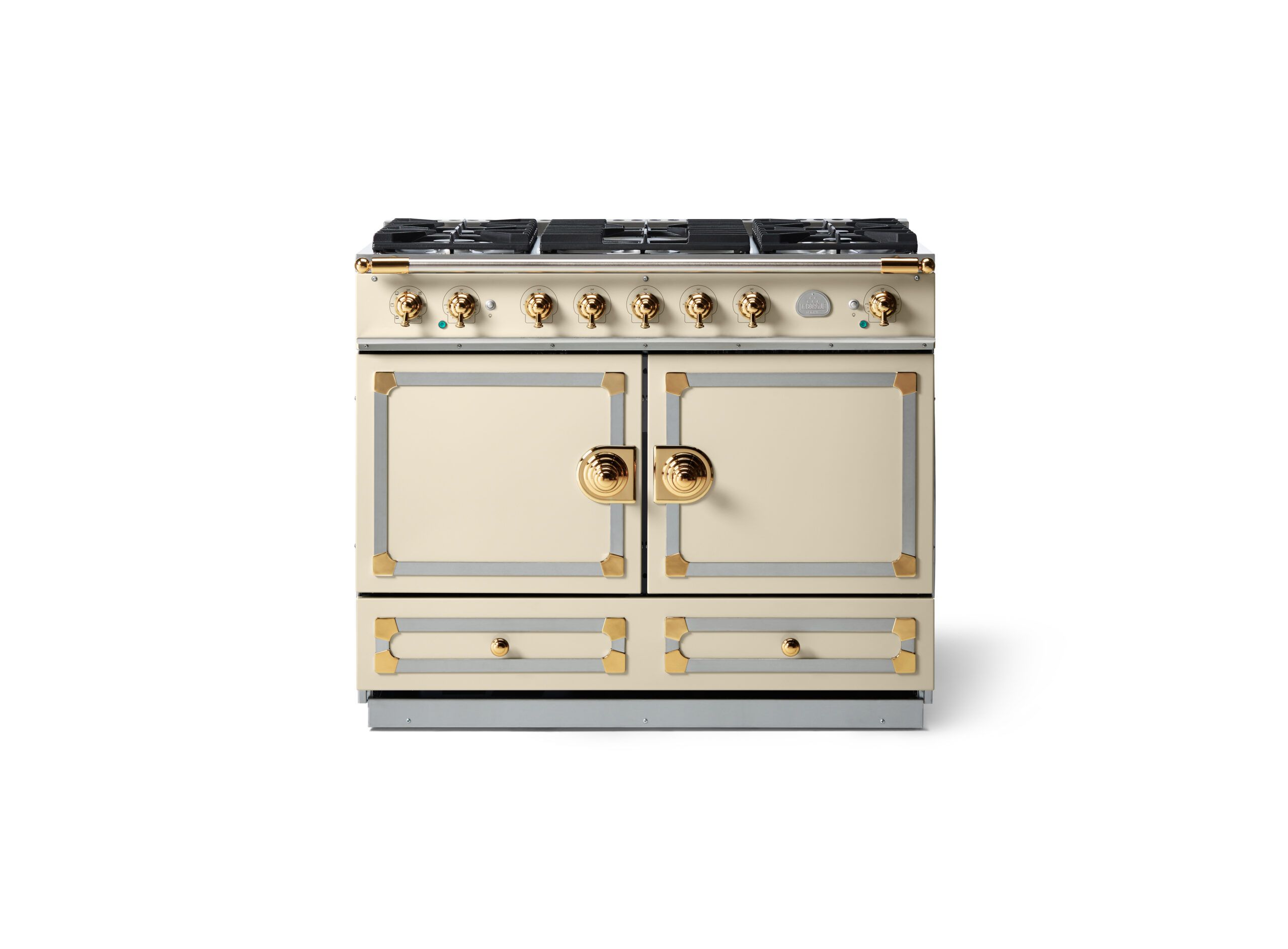 LaCornue Cornufé 110cm Dual Fuel Cooker -  Morning Dew with Polished Brass & Stainless Steel Trim