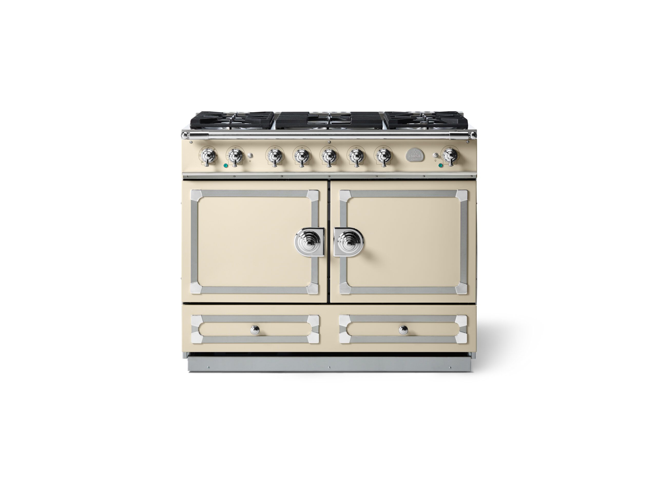 LaCornue Cornufé 110cm Dual Fuel Cooker - Morning Dew with Polished Chrome & Stainless Steel Trim