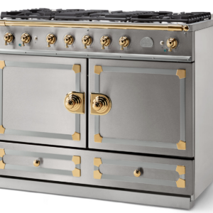 LaCornue Cornufé 110cm Dual Fuel Cooker - Brushed Stainless Steel with Polished Brass & Stainless Steel Trim