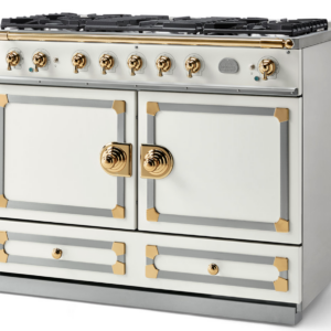 LaCornue Cornufé 110cm Dual Fuel Cooker - Pure White with Polished Brass & Stainless Steel Trim