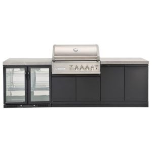 Crossray Outdoor BBQ Kitchen 4 Burner Gas Double Side Cabinets w/ Flat Stone Benchtops & Double Fridge Grey