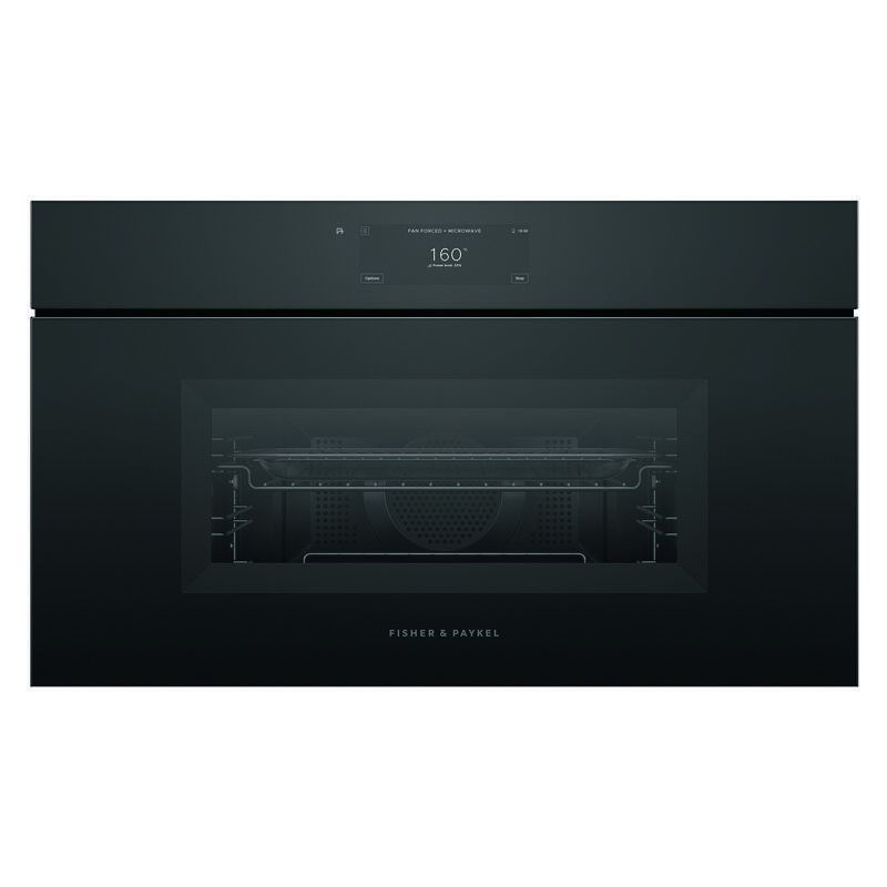 Fisher & Paykel 76cm Minimal Handleless Compact Combi-Microwave Oven - Black Glass (Series 9)