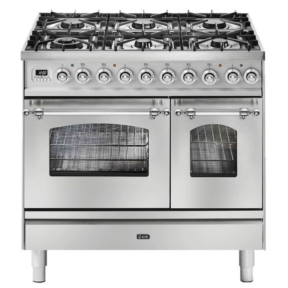 Ilve Nostalgie 90cm 5 Burner Double Oven Freestanding Cooker - Stainless Steel/Chrome