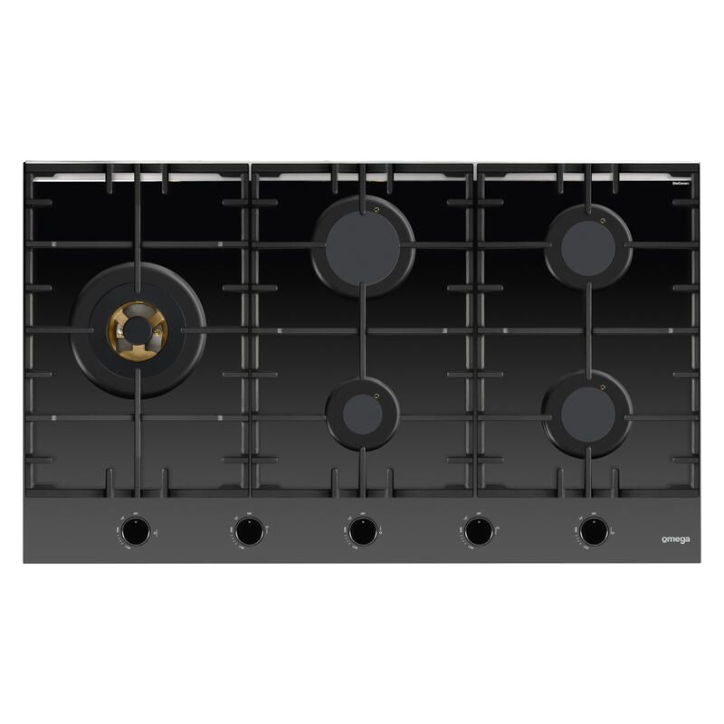 Omega 90cm Gas on Glass Cooktop with Wok Burner - Black