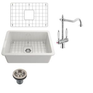 Turner Hastings Cuisine 68x46 Fireclay Sink + Protector Grid + Basket Waste + Frances Twin Mixer
