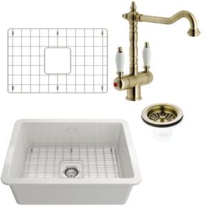 Turner Hastings Cuisine 68x46 Fireclay Sink + Protector Grid + Basket Waste + Frances Twin Mixer