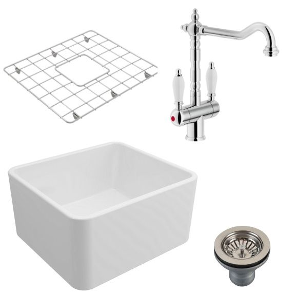 Turner Hastings Novi 50x46 Fireclay Sink + Protector Grid + Basket Waste + Frances Twin Mixer