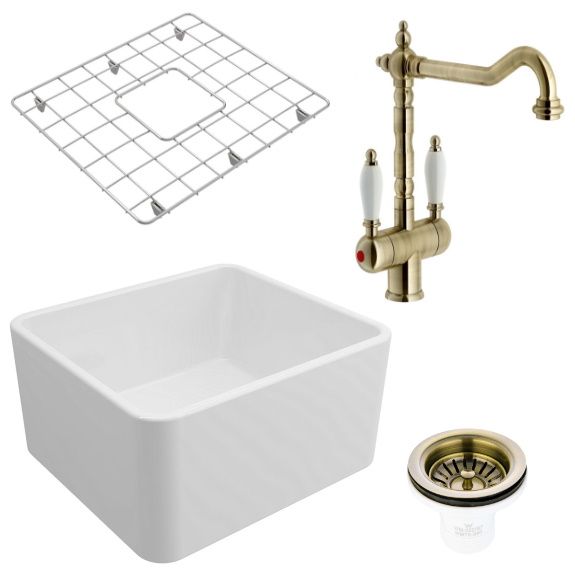 Turner Hastings Novi 50x46 Fireclay Sink + Protector Grid + Basket Waste + Frances Twin Mixer